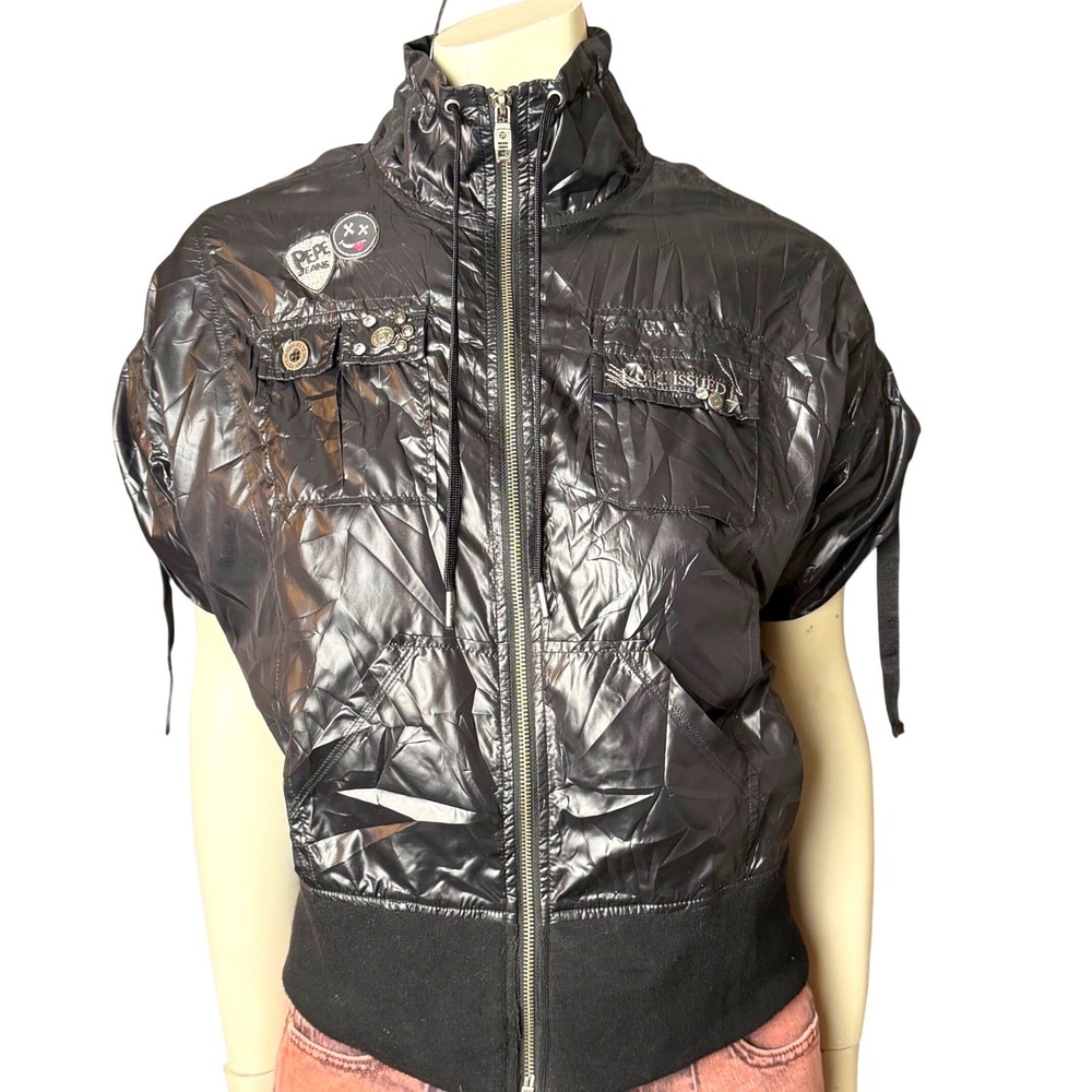 Vintage Y2K Pepe Jeans London Jacket Shiny Black Cybercore Baddie Gothic L